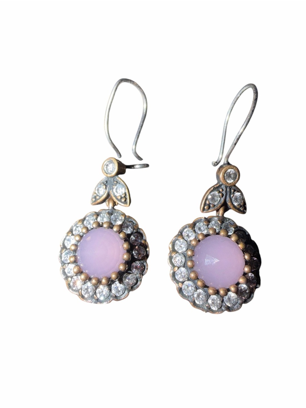 Sterling silver Round Pink Cabochon Glass Stone Drop Earrings with Crystal Halo